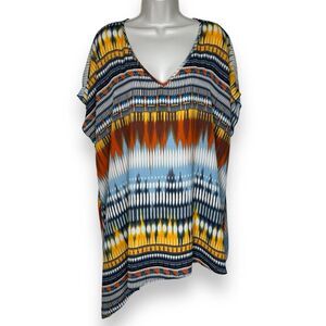 Cato Geometric Print Asymmetrical Hem Flowy V Neck Tunic Boho Top Women 26/28 W